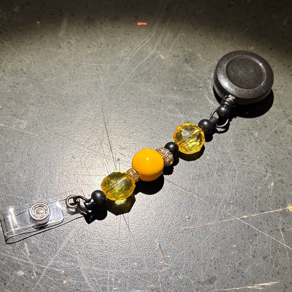 Yellow Beaded Retractable Badge Reel - Decorative ID Holder